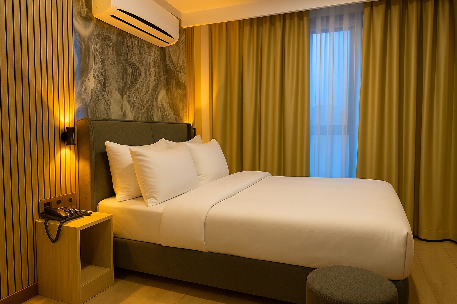 خزنة داخل الغرفة ومساحة عمل للكمبيوتر المحمول وستائر تعتيم