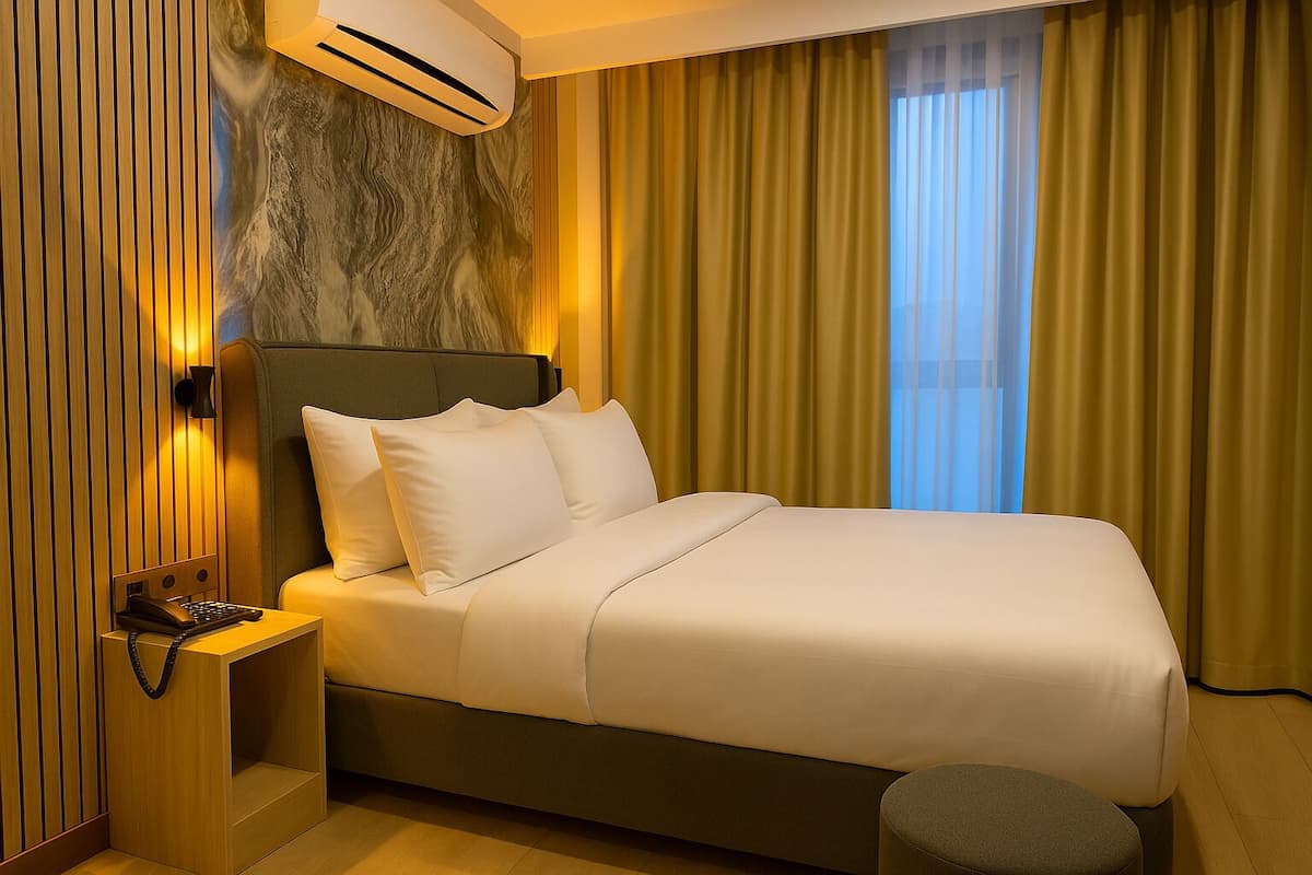 A neatly made bed with white linens, a headboard, and a bedside table with a lamp and phone.