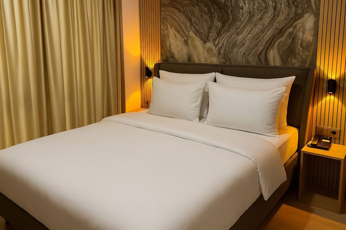 A neatly made bed with white linens, a headboard with a marble-like design, and a bedside table with a phone and lamp.