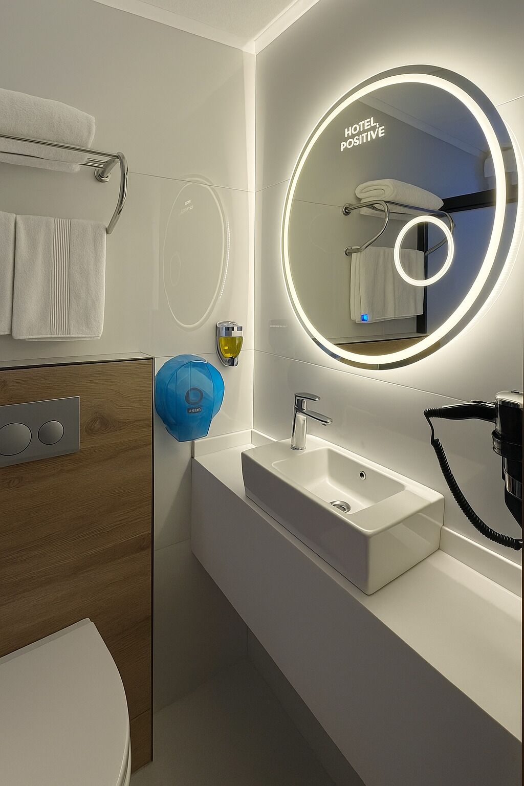 Une salle de bain moderne avec un lavabo blanc, un miroir doté d’un éclairage circulaire et un porte-serviettes.