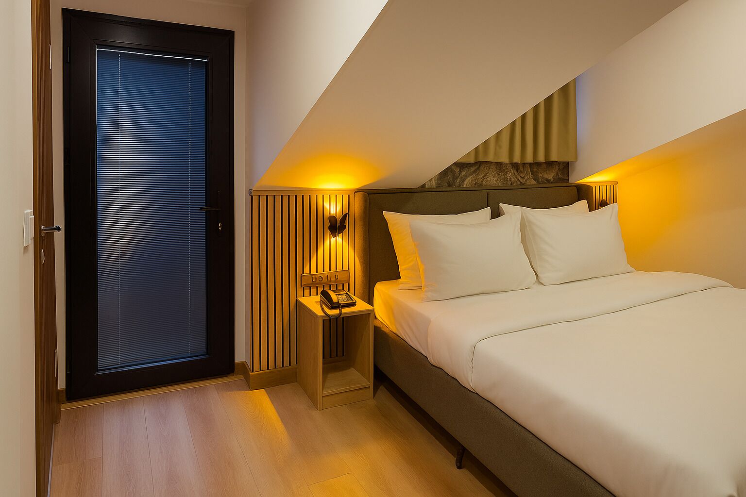 A hotel room with a bed, bedside table, lamp, and a door with blinds.