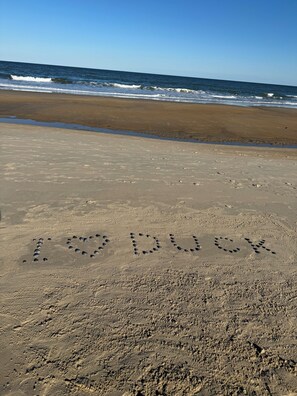 On the beach, sun loungers