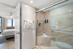 Shower, hair dryer, towels, soap