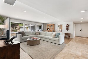 TV, fireplace, books