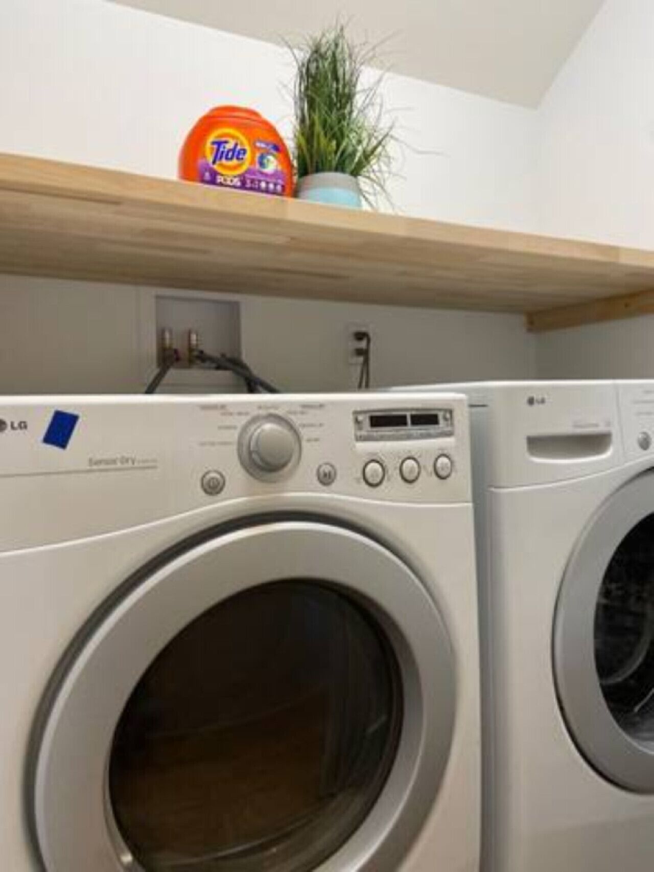 A front-loading LG washer and dryer unit in a laundry room with a shelf above containing a Tide detergent bottle and a potted plant.