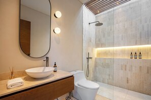 Hair dryer, towels, soap, toilet paper
