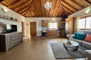 A spacious living area with a high wooden ceiling, a television, a sofa, and a coffee table.