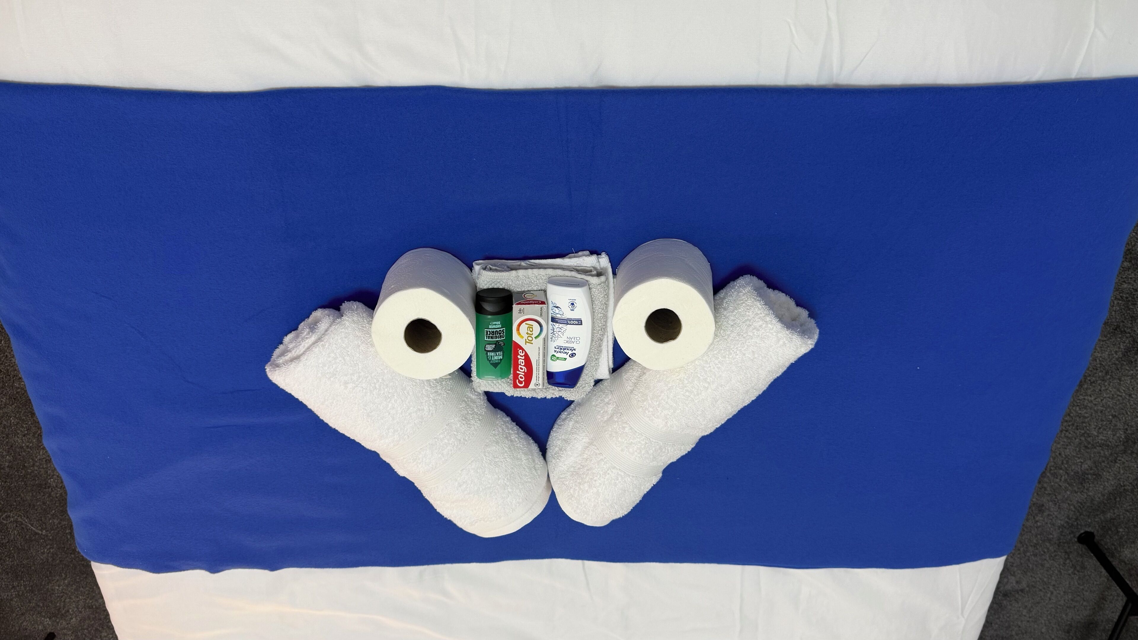 A blue and white striped blanket with two rolls of toilet paper and two bottles of hand soap.