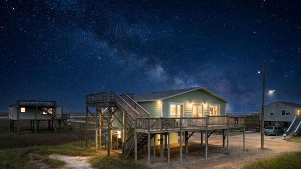 A beachfront house with a wooden deck, a staircase, and a small observation tower. - Charming Beach House Near Water & Fishing (Surfside)