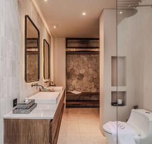 Hair dryer, towels, soap, toilet paper
