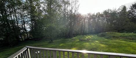 A deck with a view of a grassy area and trees.