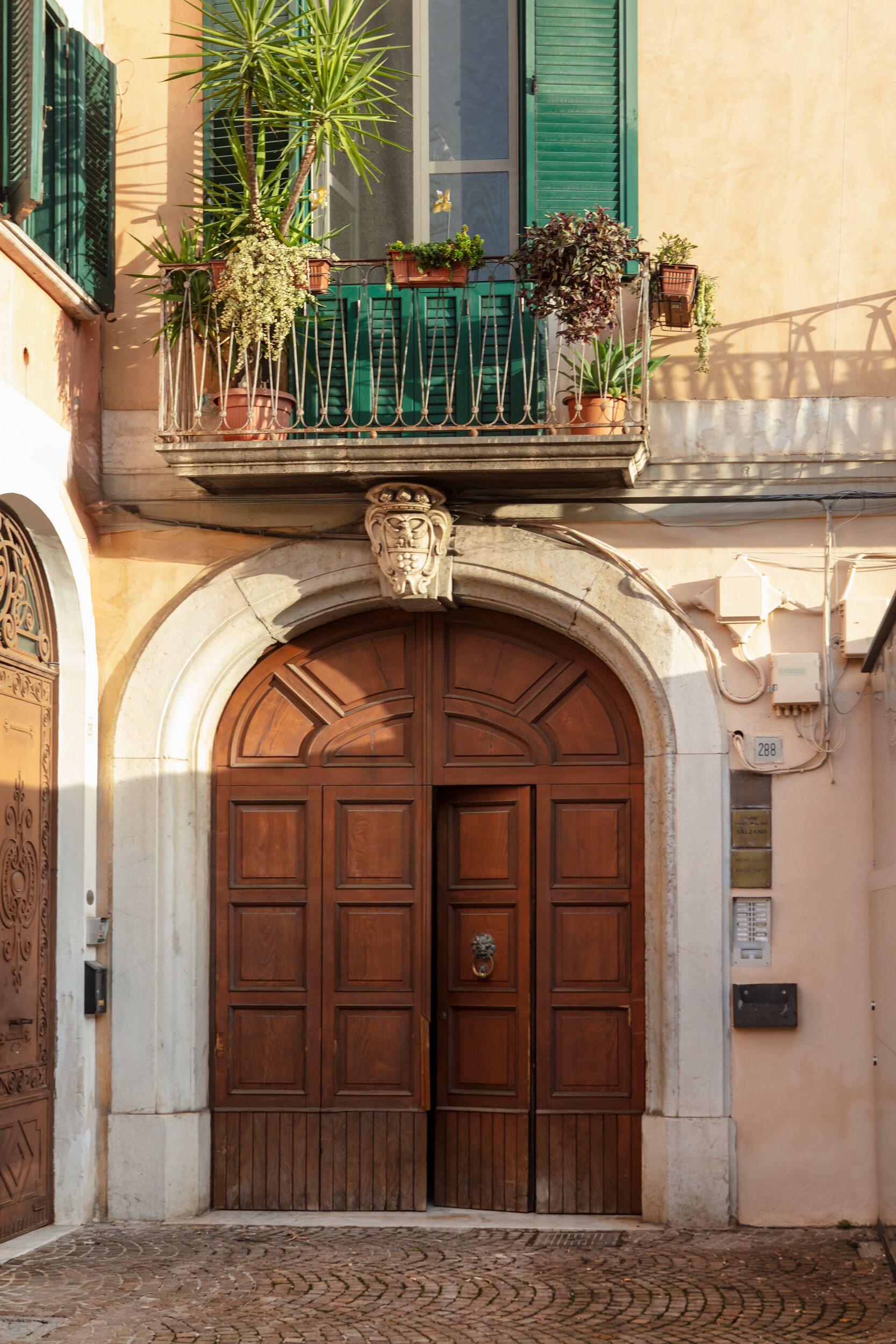 A traditional wooden door with an ornate metal crest above it, set within an arched doorway.