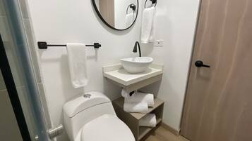 Un baño con inodoro, lavabo y espejo.