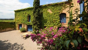 Un bâtiment rustique aux murs couverts de lierre, une allée de gravier et de magnifiques fleurs de bougainvillier aux couleurs vives.
