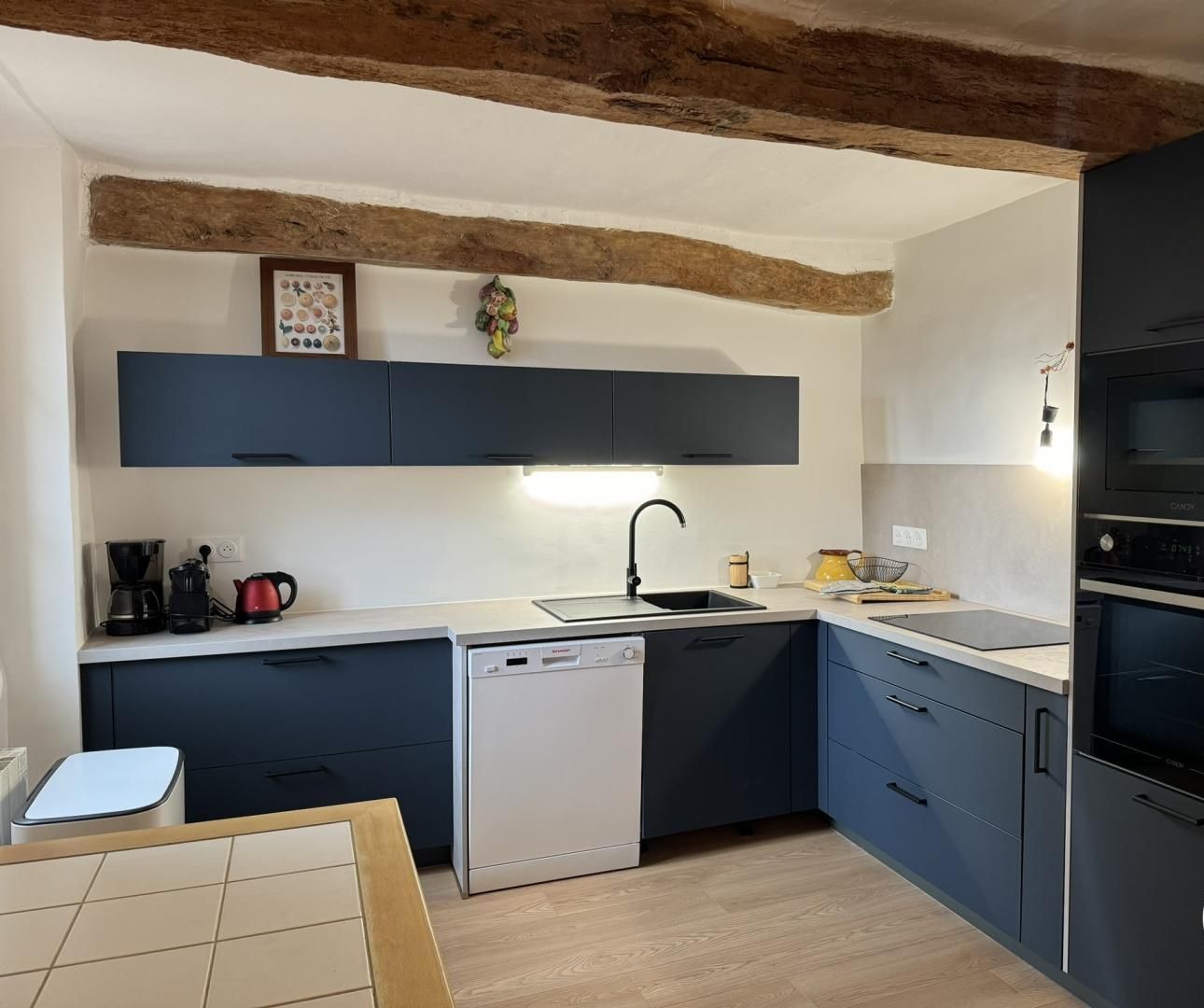 Una cocina moderna con armarios azul oscuro, lavavajillas, un fregadero y horno empotrado.