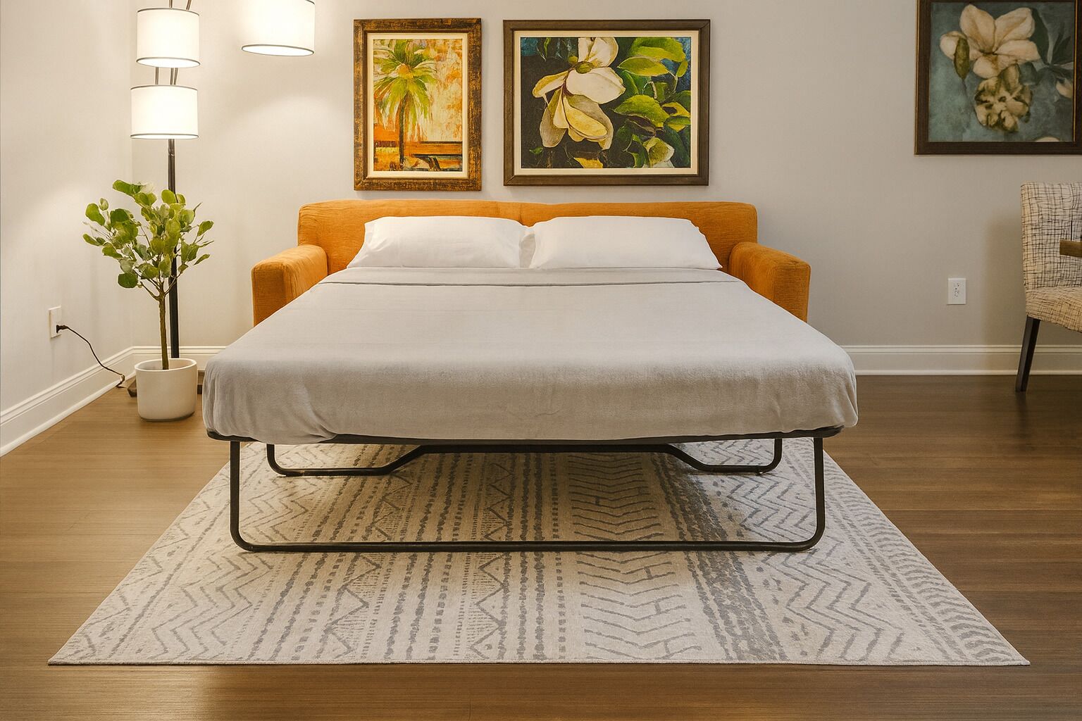 Ein Schlafzimmer mit einem Bett, einer Topfpflanze und zwei gerahmten Bildern an der Wand.