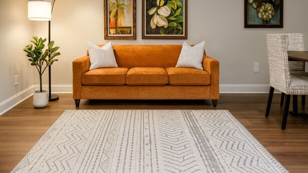 Ein Wohnzimmer mit einem braunen Sofa, zwei gerahmten Blumenbildern, einem gemusterten Teppich, einer Stehlampe und einem Esstischstuhl.