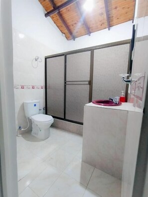 Douche, serviettes fournies, savon, papier toilette