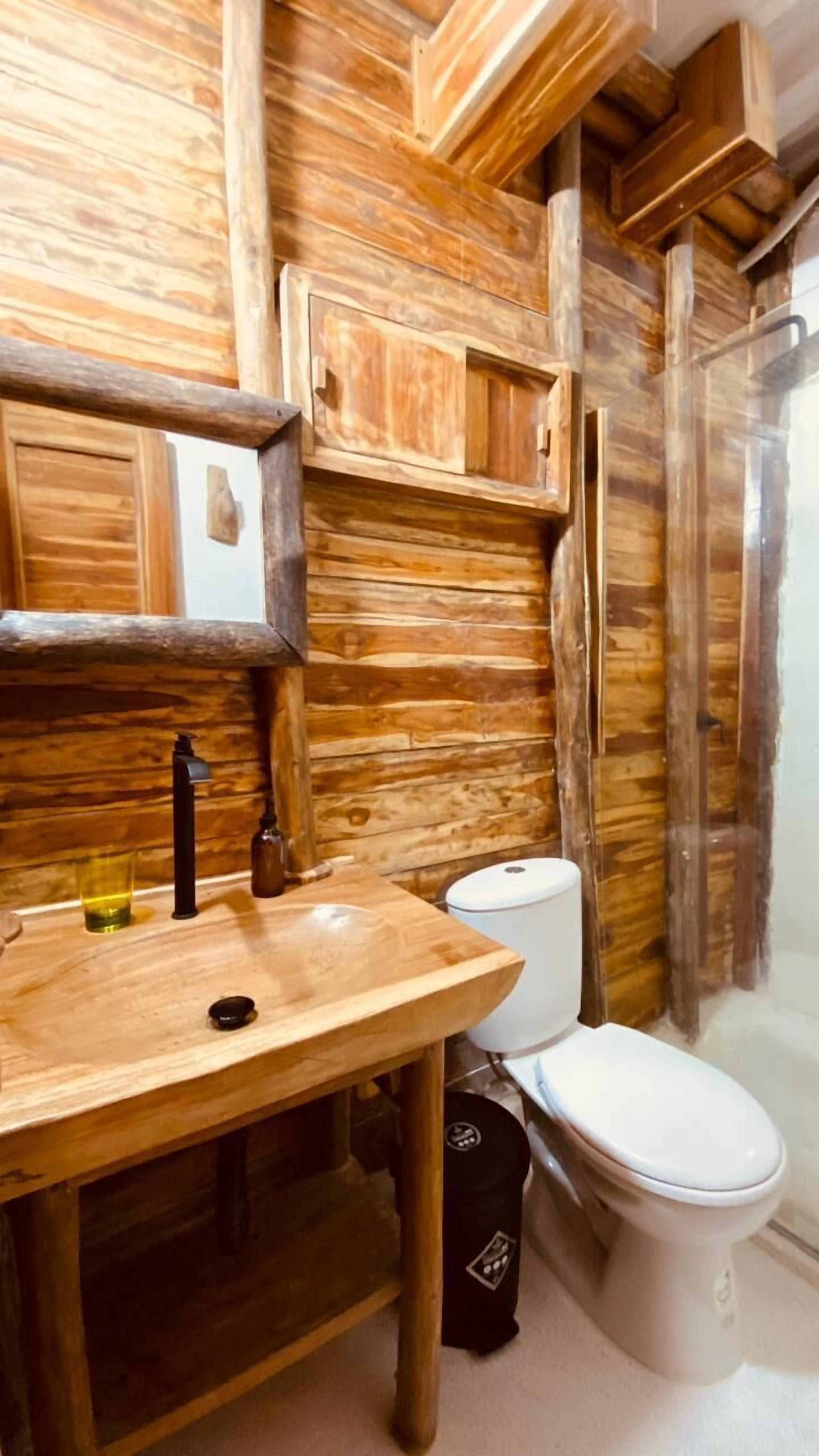 Shower, towels, soap, toilet paper