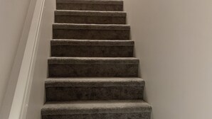 Un escalier recouvert de moquette, avec des murs blancs et une rampe blanche.
