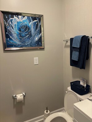 Bidet, towels, soap, toilet paper