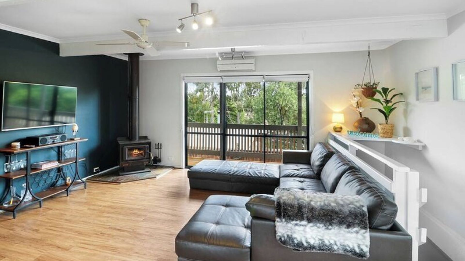 Smart TV, fireplace, DVD player, books