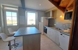 A modern kitchen with a central island, white cabinetry, a built-in dishwasher, and a large window providing natural light.