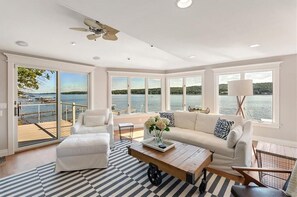 Smart TV, fireplace, books