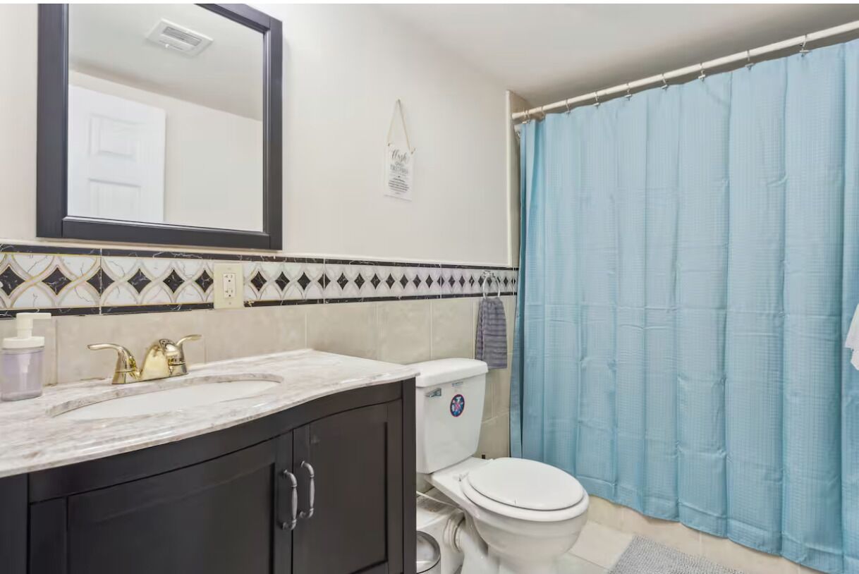 Hair dryer, towels, soap, toilet paper