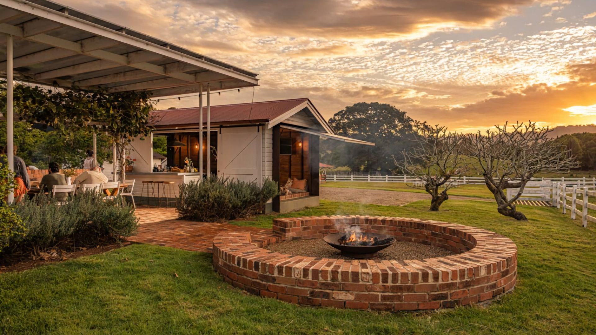 Firepit gatherings at sunset with views across the valley.