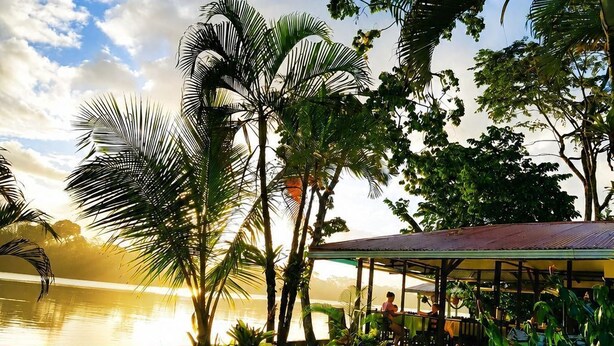 Un espace extérieur de style tropical, doté d’un coin salon abrité, de palmiers et offrant une vue sur une étendue d’eau.