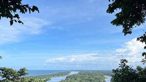 Un belvédère offrant une vue panoramique, avec une rambarde en métal, une végétation luxuriante et une vue sur une rivière et des terres lointaines.