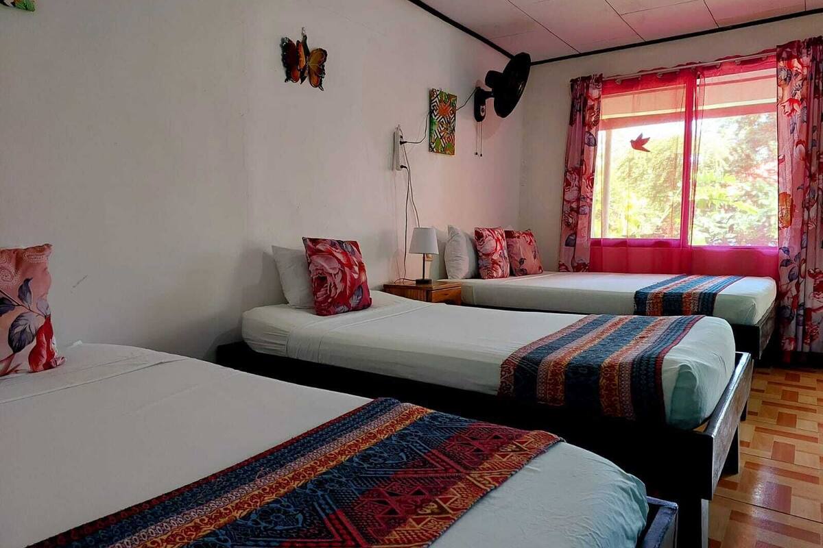 A hotel room with two beds, a window with curtains, a wall-mounted fan, and a small table with a lamp.