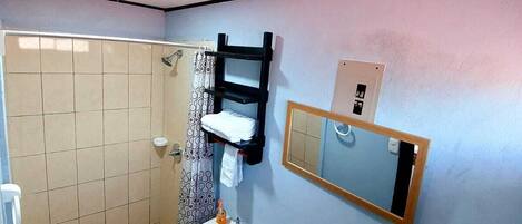 A bathroom with a shower, sink, toilet, and a mirror.