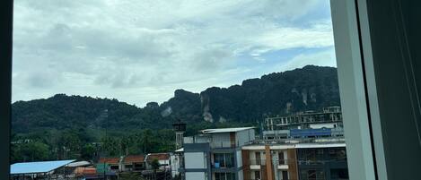 A view of a town with buildings and a mountain in the background.