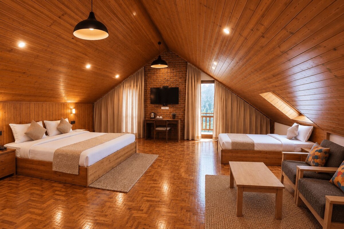 Quarto de sótão aconchegante com duas camas, uma escrivaninha e uma TV.