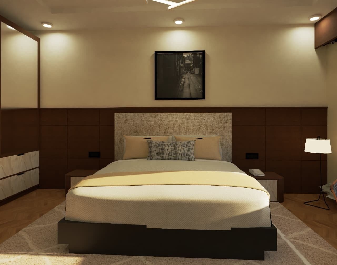 Minibar, escritorio, cortinas blackout y tabla de planchar con plancha 