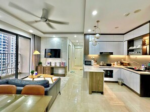 Luxury Apartment, Balcony, City View | Living room - Vinhomes D'Capital Paradise Apartment (Cau Giay)