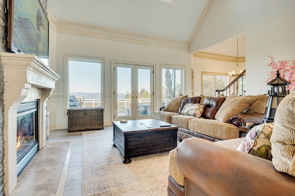 TV, fireplace, video library