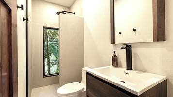 Shower, hair dryer, towels, soap
