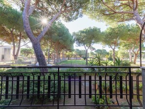 A park with trees and a fence.