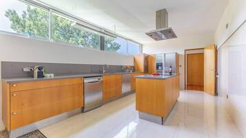Een moderne keuken met houten kastjes, roestvrijstalen apparatuur en een groot raam dat zorgt voor veel daglicht.