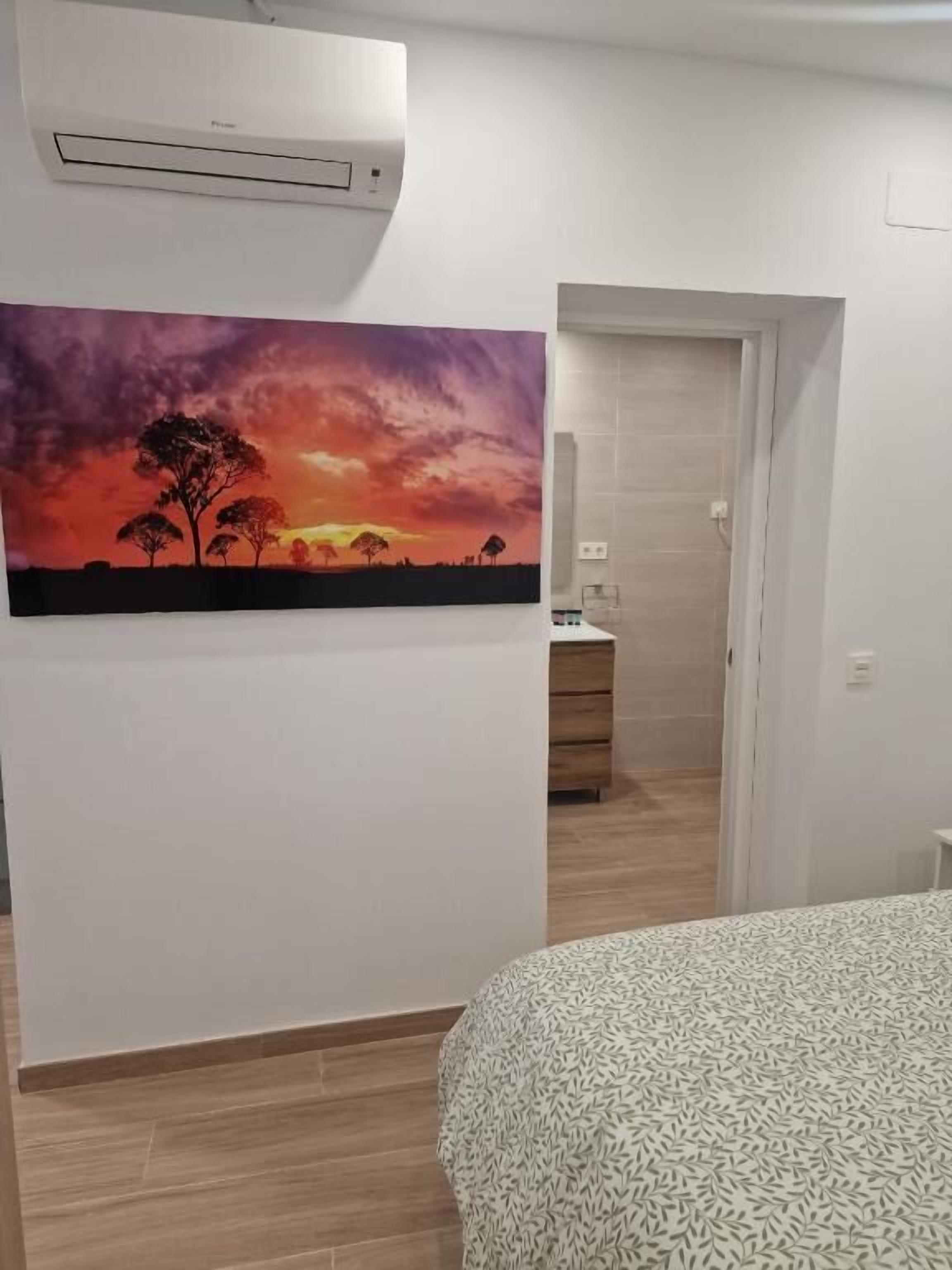 A bedroom with a bed, a painting of a sunset, an air conditioning unit, and a wooden dresser.