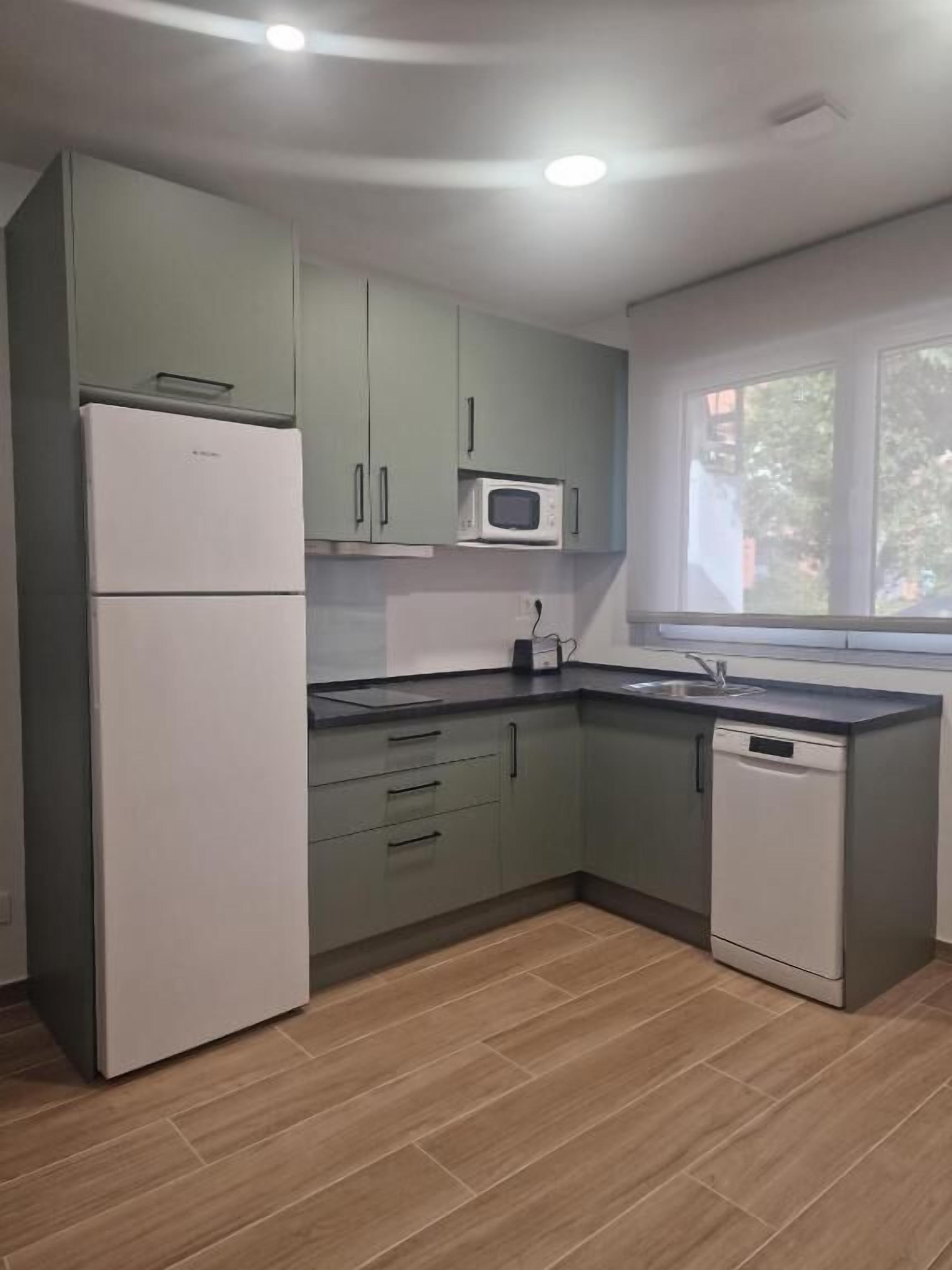 Une cuisine moderne avec des meubles gris, un réfrigérateur blanc, un four à micro-ondes et un lave-vaisselle.