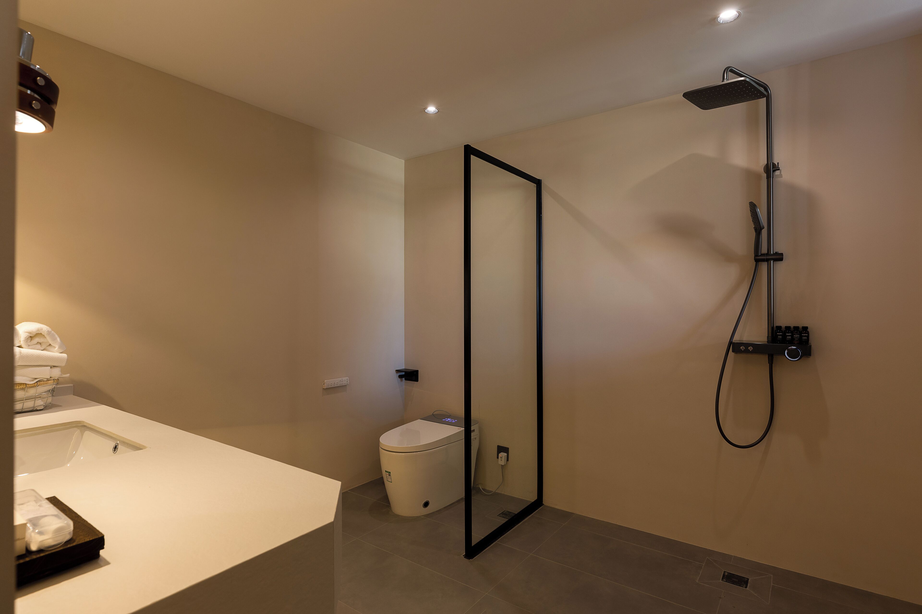 A modern bathroom with a shower, toilet, and sink.