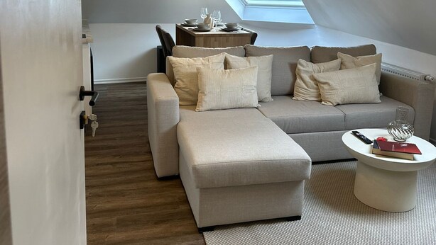 A modern loft bedroom with a sloped ceiling, a skylight, a grey sectional sofa, a small round coffee table, and a wooden floor. - Cozy 1BR plus LR Apt Ghent Gravensteen (Ghent)