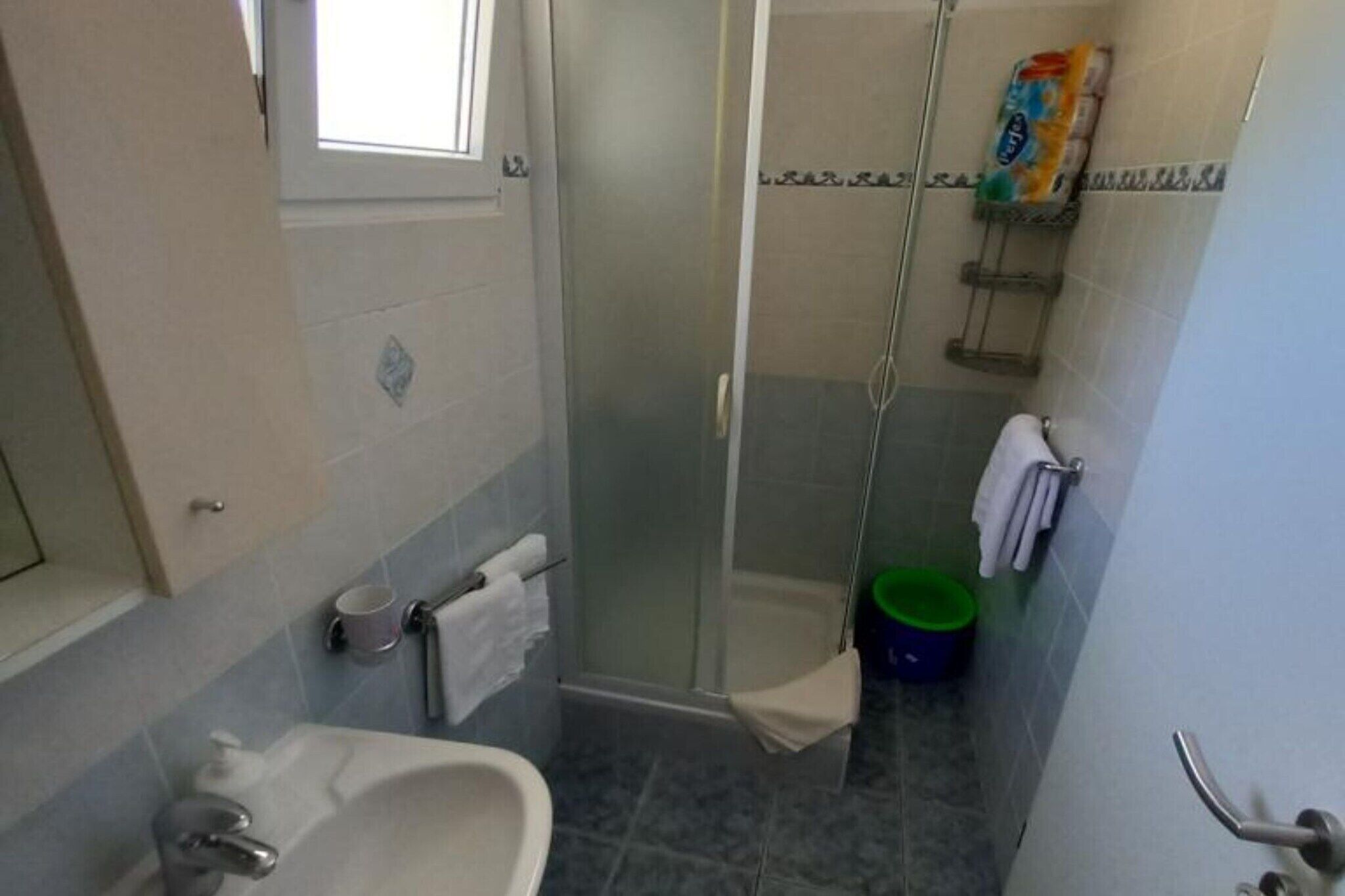 A bathroom with a shower, a sink, and a toilet.