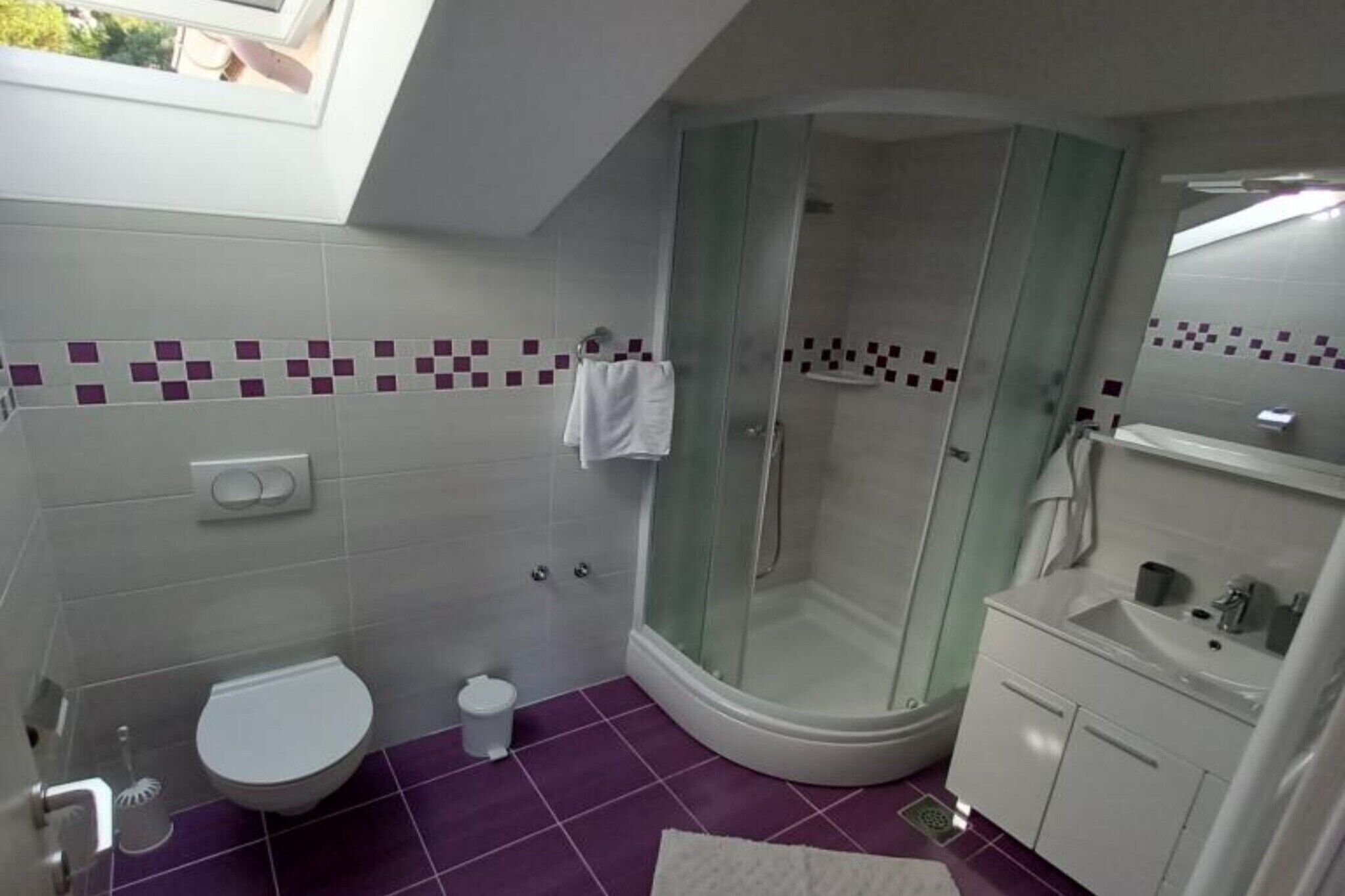 A bathroom with a toilet, a shower, and a sink.