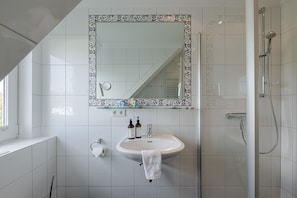 Shower, hair dryer, soap