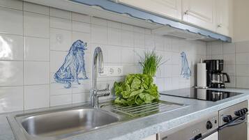 Een koelkast, een oven, een kookplaat, een vaatwasser